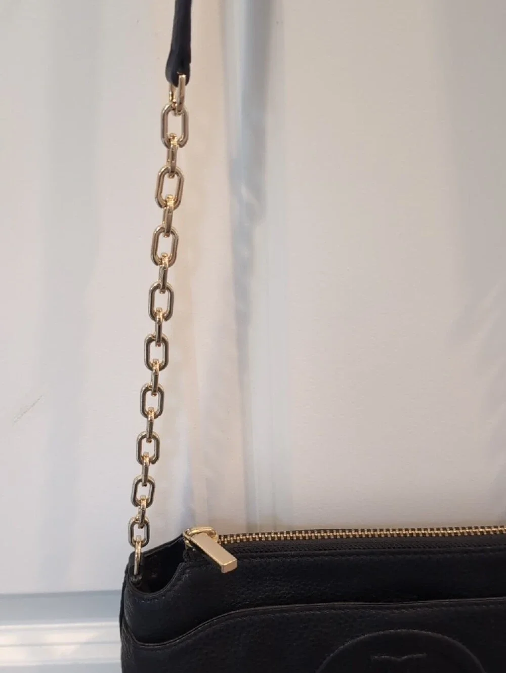 Tory Burch Black Pebbled Leather Crossbody with Gold Chain